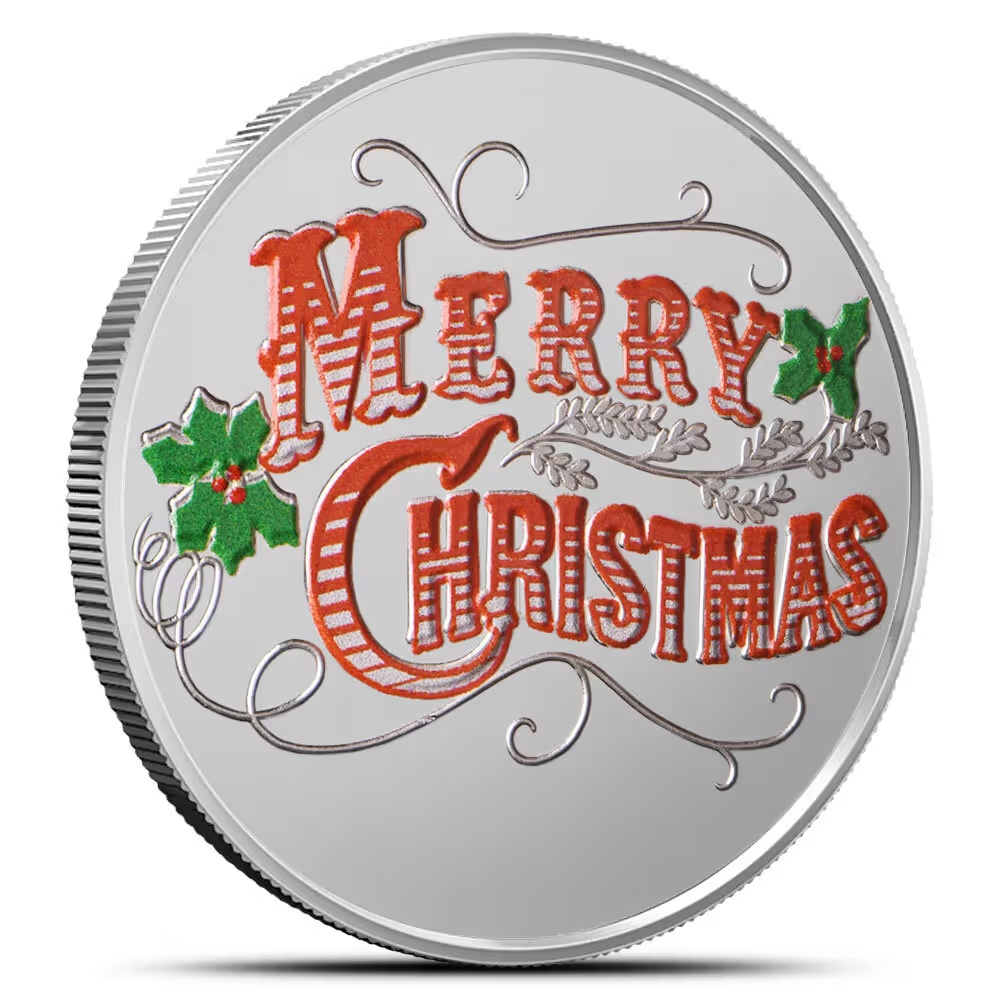 1 Oz Colorized Silver Merry Christmas Holly Rounds (New) - Silver