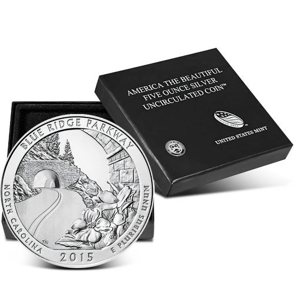 2015-P 5 Oz Silver Burnished ATB Blue Ridge Parkway Silver Coins - Silver